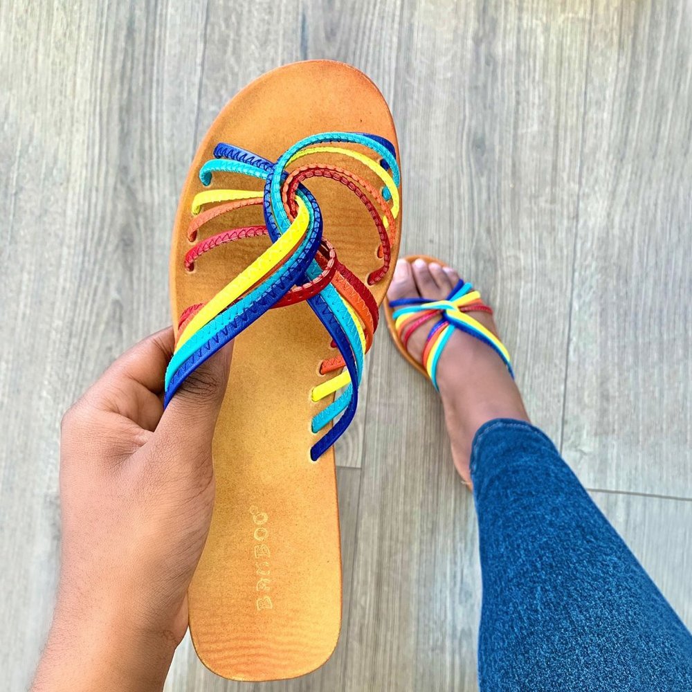 NEW Rainbow Criss-Cross Slide Flat Sandal Open Toe